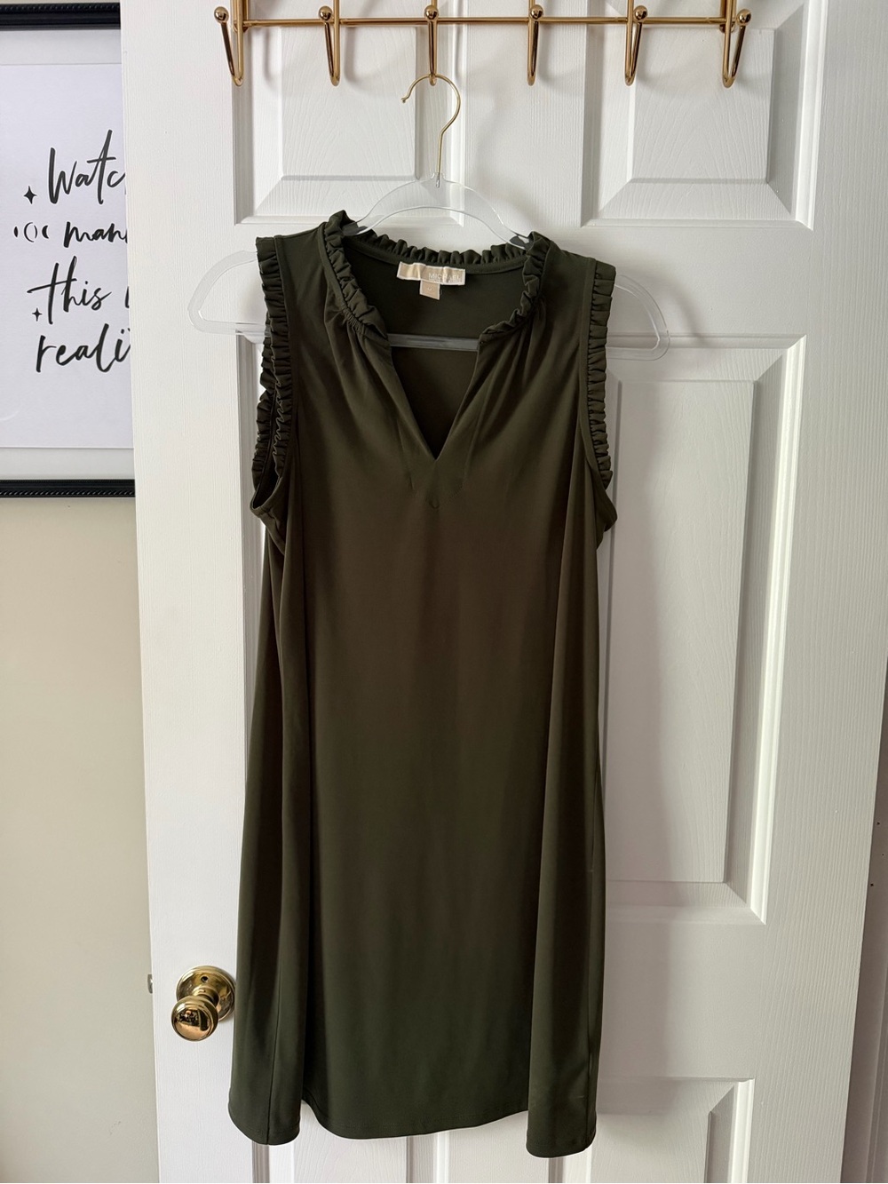 Michael Kors Sleeveless Ruffle-Trim Shift Dress in Olive Green